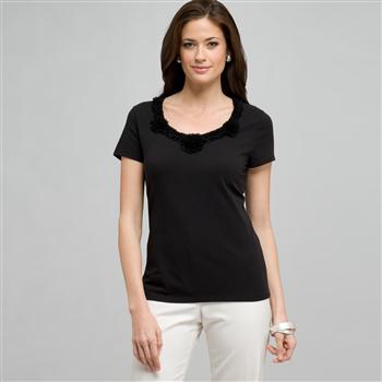 Flower Embellishment Tee, Black, large