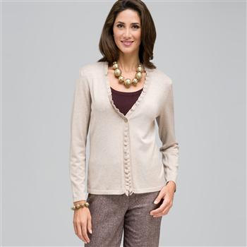 Long Sleeve Ruffle Front Trim Cardigan, Fawn Heather, large