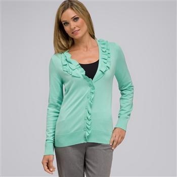Ruffle Front V-Neck Cardigan, Icy Mint, large