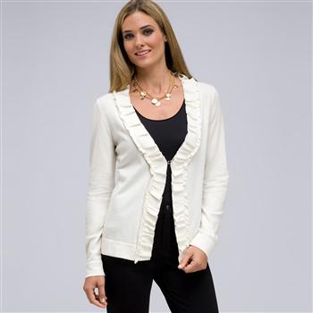 Long Sleeve Ruffle Front Cardigan, Sugar, large